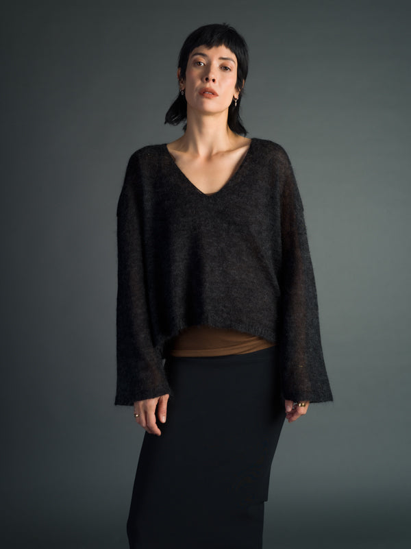 MOHAIR Sheer V Neck Crop Sweater Black Knitwear made in