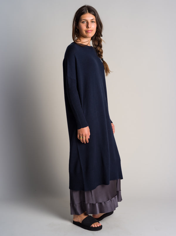 WOOL Crew neck Long Knitted Dress - Ink - Australian made Knitwear -  lunagallery