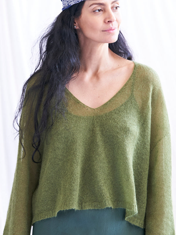 MOHAIR Sheer V Neck Crop Sweater - Moss Green - Knitwear made in 