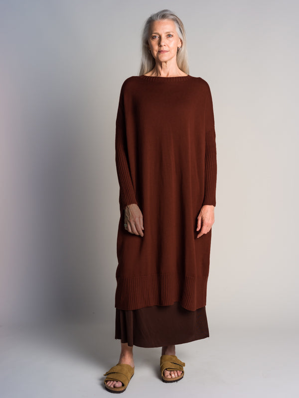 long sleeve knitted jumper dress WOOL Crew neck Long Knitted Dress - Mahogany - Australian made Knitwear