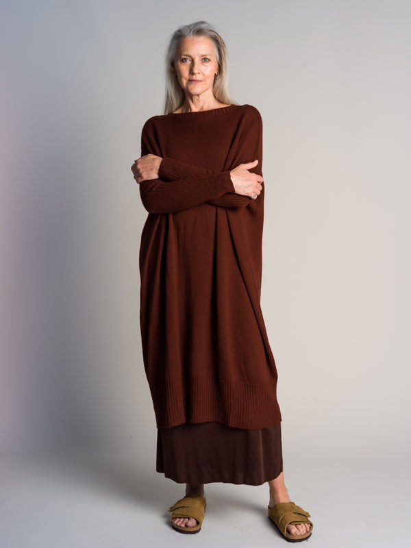 WOOL Crew neck Long Knitted Dress - Mahogany - Australian made Knitwear