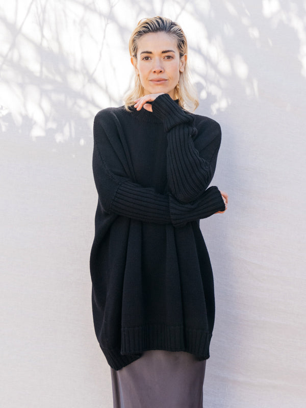 Merino Wool Rib Sleeve Jumper Dress Black lunagallery