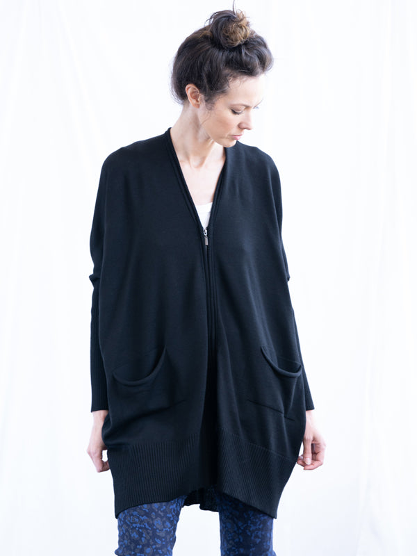 MERINO WOOL Long Slouch Cardi with Zip - Marine