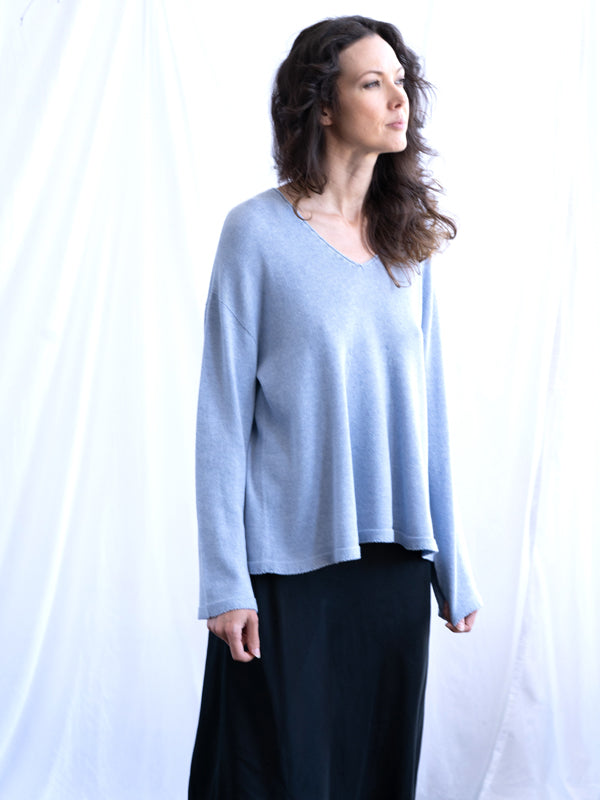 COTTON V Neck Swing Sweater - Sky