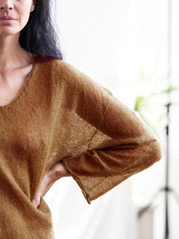 Sheer MOHAIR Long V Neck Sweater . Bronze