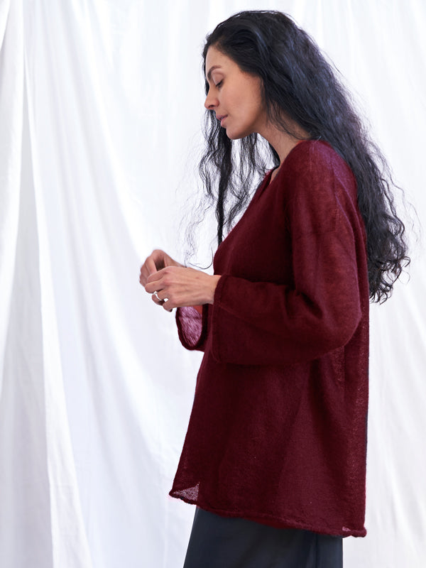 Sheer MOHAIR Long V Neck Sweater . Garnet