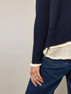 MERINO WOOL  Fine Knit Rib Sleeve Cardigan - Ink