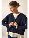 MERINO WOOL  Fine Knit Rib Sleeve Cardigan - Ink