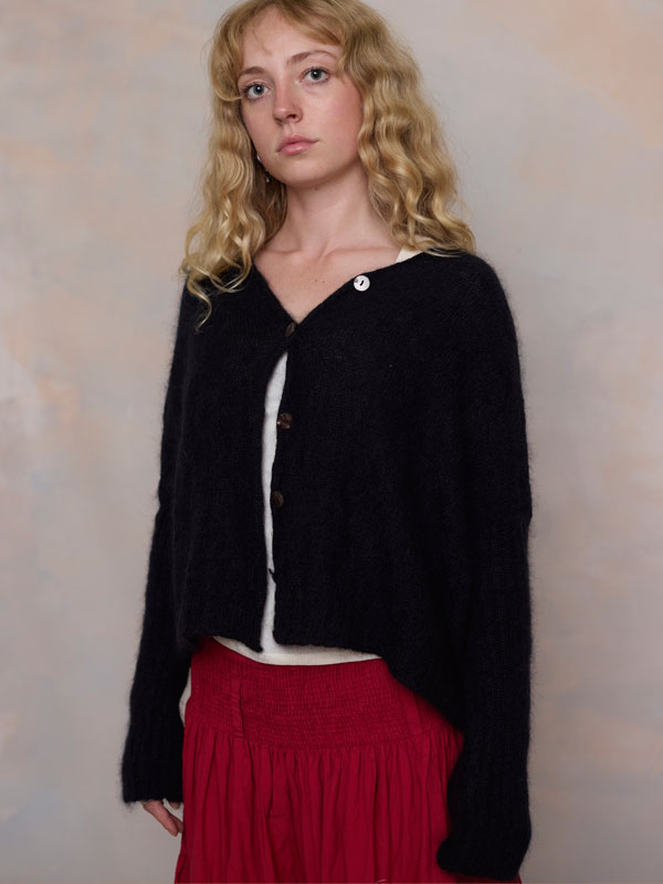 MOHAIR + MERINO Diamond Crop Cardi . Black