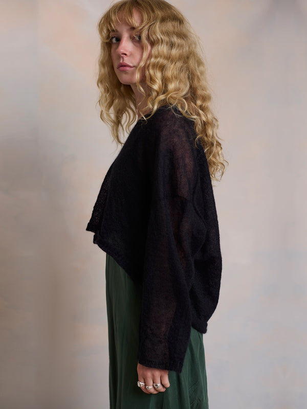 Sheer MOHAIR Crop V Neck Sweater . Black