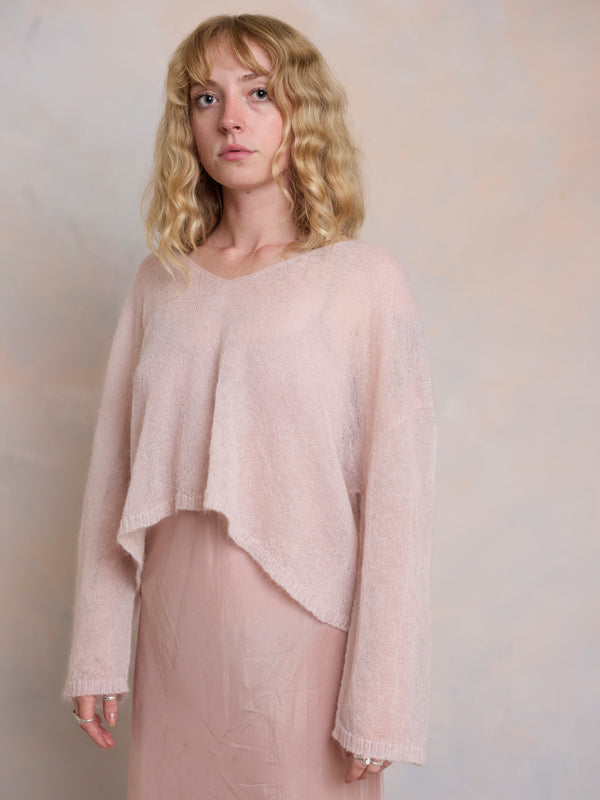 Sheer MOHAIR Crop V Neck Sweater . Pink