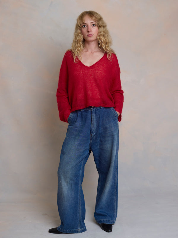 Sheer MOHAIR Crop V Neck Sweater . Scarlet
