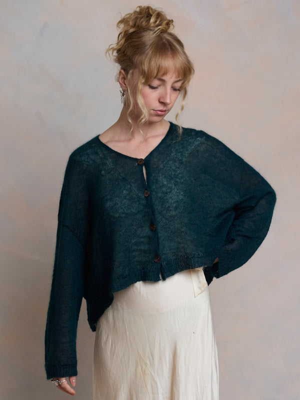 Sheer MOHAIR Crop Cardigan . Teal