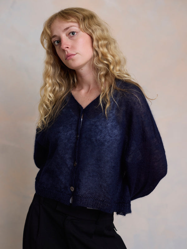 Sheer MOHAIR Crop Cardigan . Navy